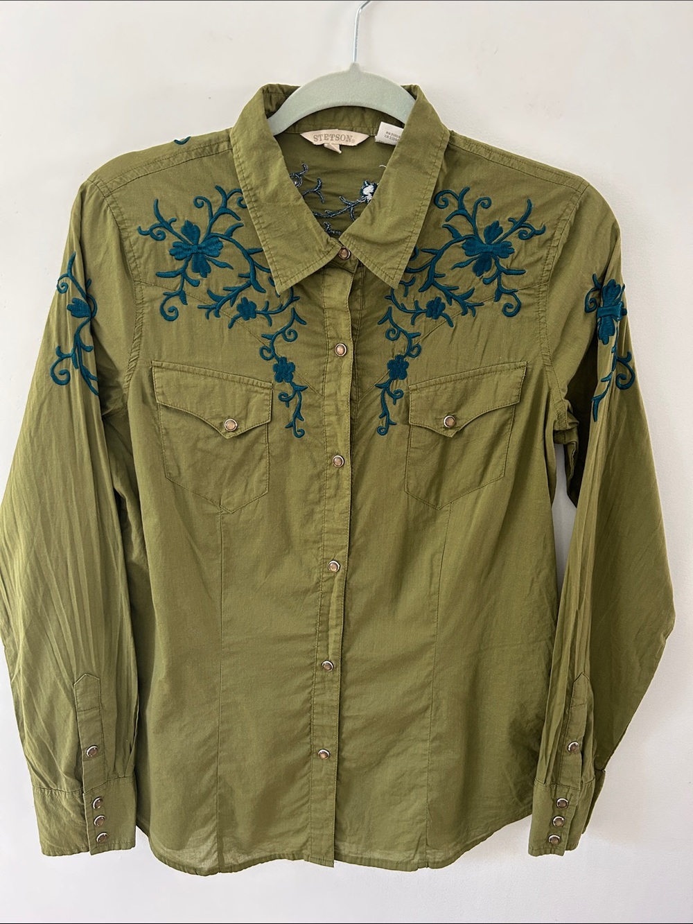 Stetson Floral Embroidered Pearl Snap Western Shirt Olive Green Country Cowgirl